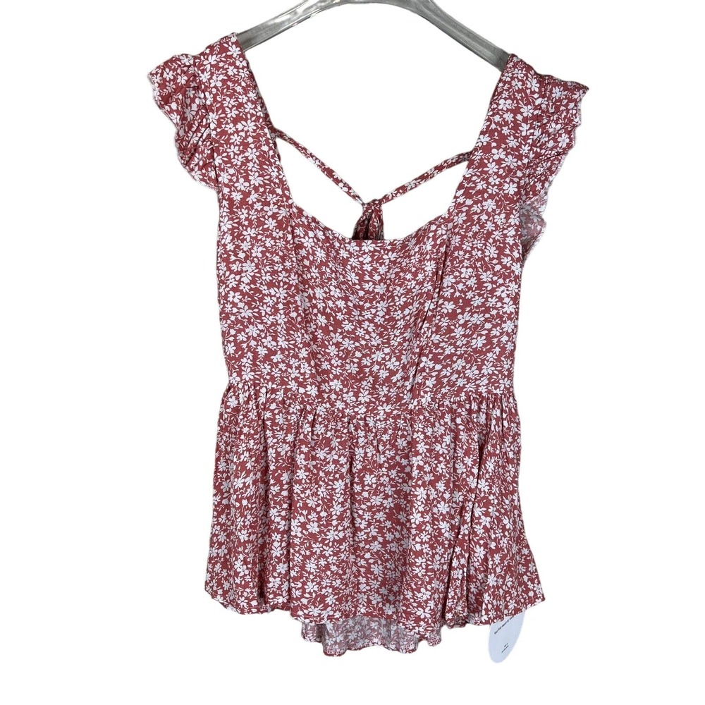 Shein Womens Peplum Top Blouse Size 2 Pink Ditsy Floral Tie Back Ruffle Trim NWT